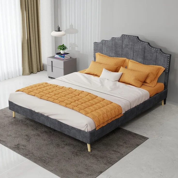 EINHOM Polsterbett 140 x 200 cm, Modernes Minimalistisches Bett, Weiches Kopfteil, Niedriges Bettgestell ohne Gasdruckfeder, Multifunktionale Schlafzimmermöbel, Grau, (Ohne Matratze)