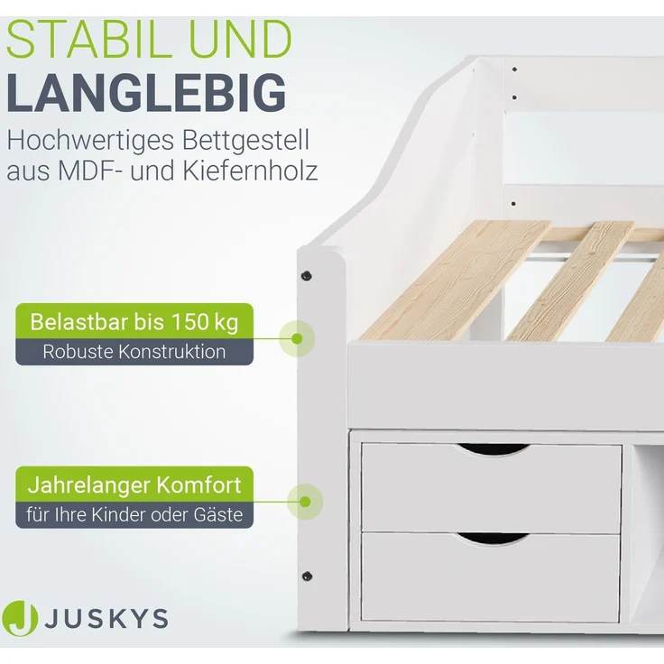 Juskys 'Nalu' Funktionsbett - mit Lattenrost & Schubladen - für Kinder - Gästebett - Holz Weiß – Bild 3