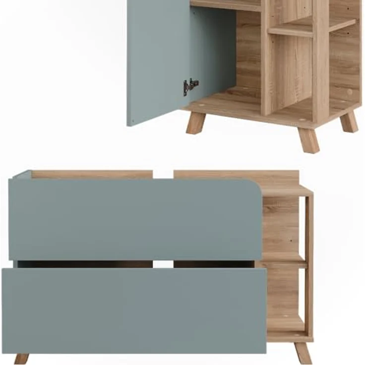 Vichy Badmöbel-Set Karen, 3-teilig, Sonoma/Blau, mit elegantem Waschbeckenunterschrank und geräumigem Spiegelschrank – Bild 5