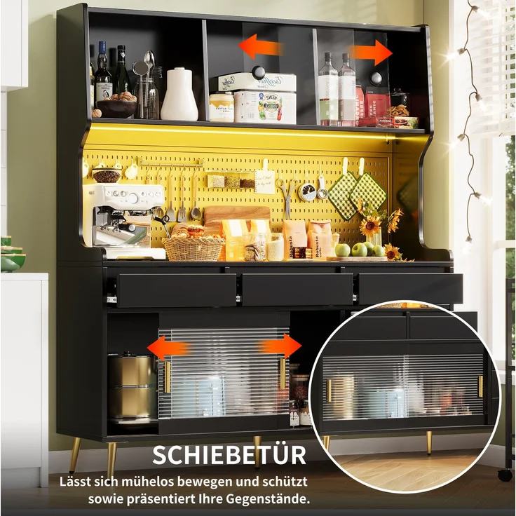 Hochschrank 145x39x171 cm mit LED-Beleuchtung, Schiebetüren und geriffelter Glasfront – MDF, Glas & Metall, Schwarz – Bild 7