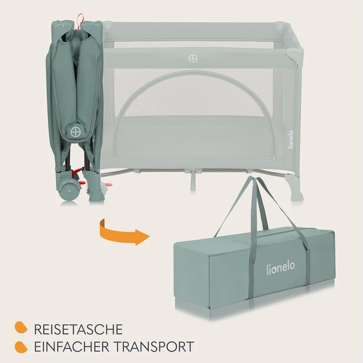 Lionelo Laura 2-in-1 Reisebett bis zu 15 kg Laufgitter von 0 bis 36 Monate Seitlicher Einstieg T25 Schaumstoffmatratze, 2 Höhenstufen, Reisetasche, Räder mit Bremse – Bild 8