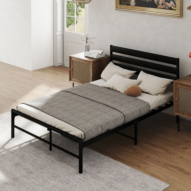 Doppelbett aus Metall mit MDF-Kopfteil, ohne Matratze, 140x200 cm, Schwarz – Bild 9