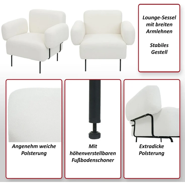 Lounge-Sessel HWC-L83b, Cocktailsessel Polstersessel Sessel, Bouclé Stoff/Textil Metall, creme-weiß – Bild 2