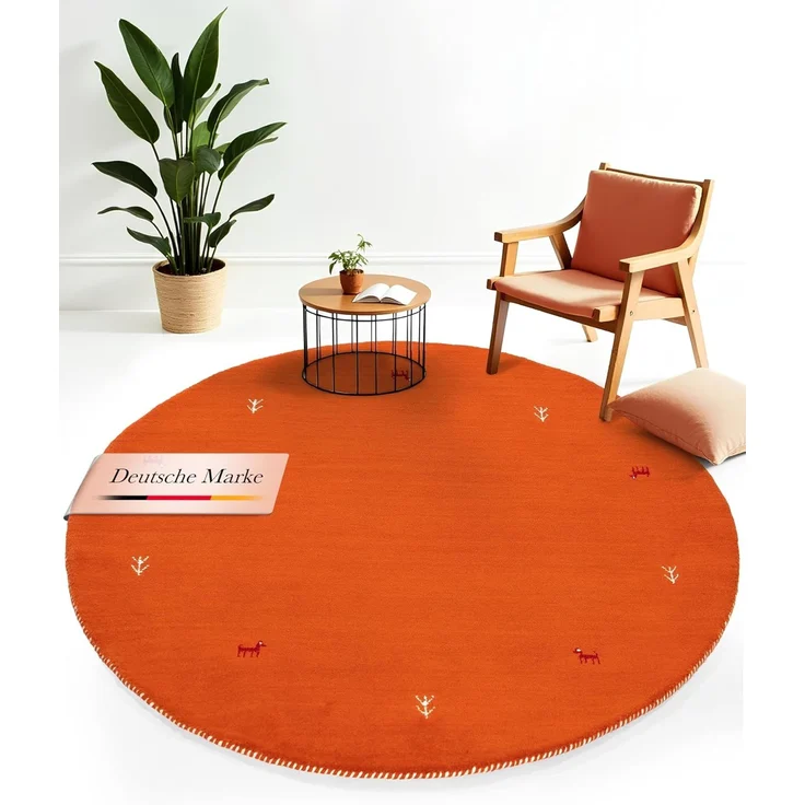carpetfine 'Gabbeh Uni' Wollteppich, reine Wolle, Orange, ⌀ 150 cm – Bild 1