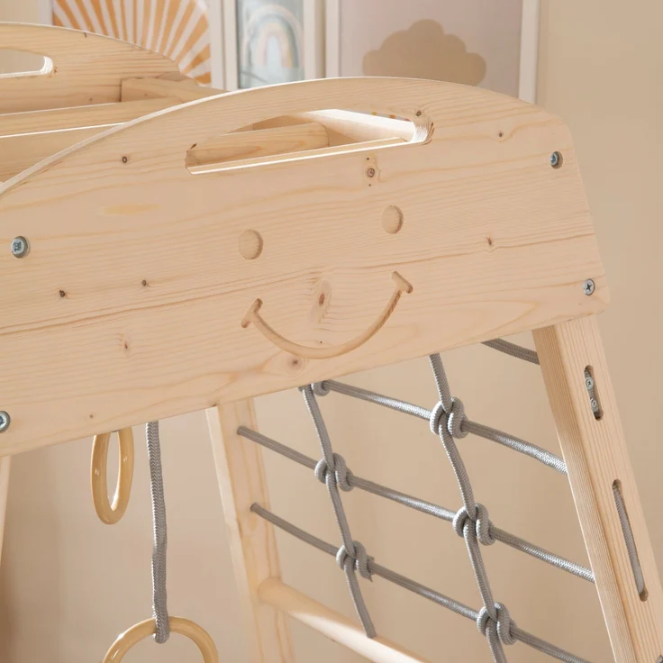 roba Montessori Indoor Spielturm inkl. 2in1 Rutsch- & Kletterbrett, Kletternetz- & Sprossenseite, Schaukel & Turnringen - Geeignet ab 24 Monaten - Belastbar bis 70 kg - Holz natur – Bild 11