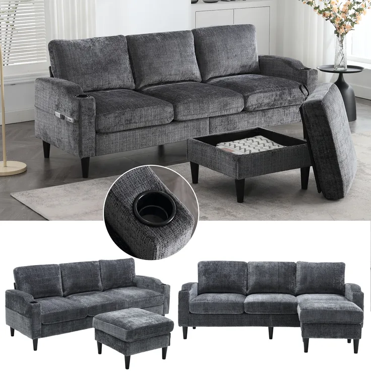 LVHOM Loungesofa mit Hocker & Stauraum, 4-Sitzer, Armlehnen, Getränkehalter, Seitentaschen, weiche Chenille-Stoff, modulare Sofa, Grau
