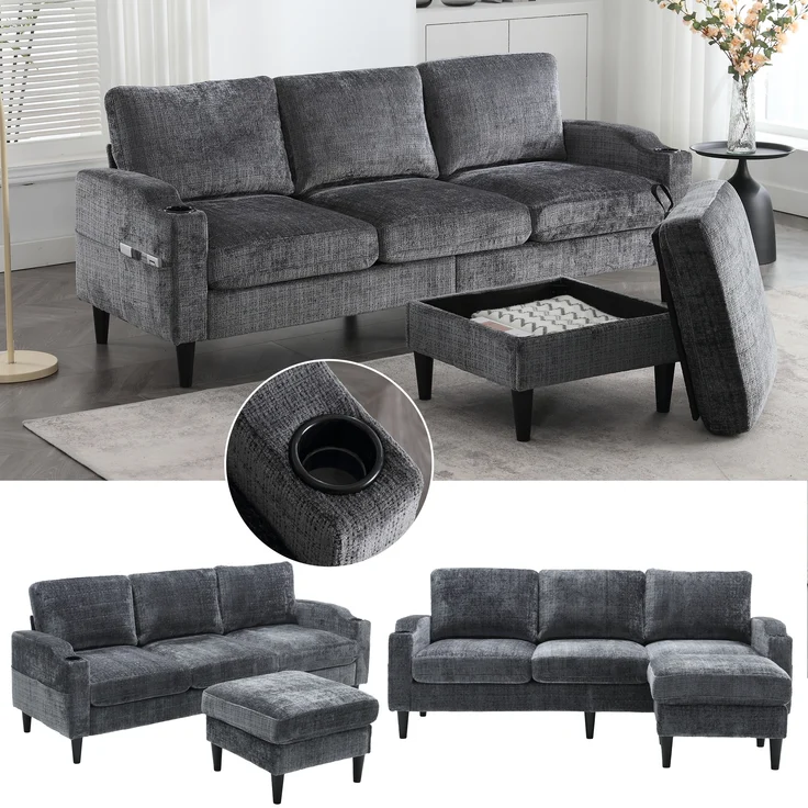 LVHOM Loungesofa mit Hocker & Stauraum, 4-Sitzer, Armlehnen, Getränkehalter, Seitentaschen, weiche Chenille-Stoff, modulare Sofa, Grau – Bild 1