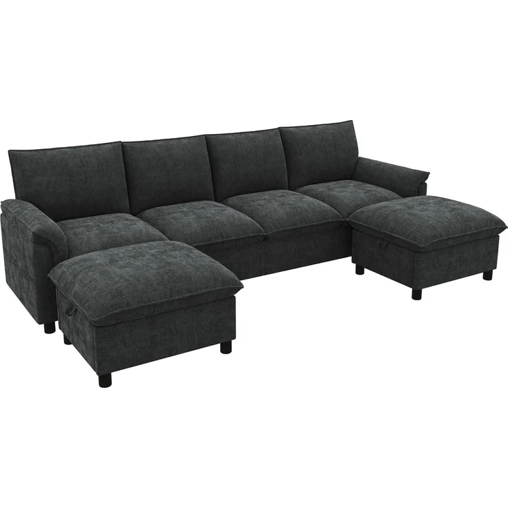 Merax U-förmiges modulares Sofa, bequemes Ecksofa mit Deep-Seat-Design, mit 2 beweglichen Fußhockern, hohe Rückenlehne, Chenille, Schwarz, B264.5/D142.5/H84 – Bild 9