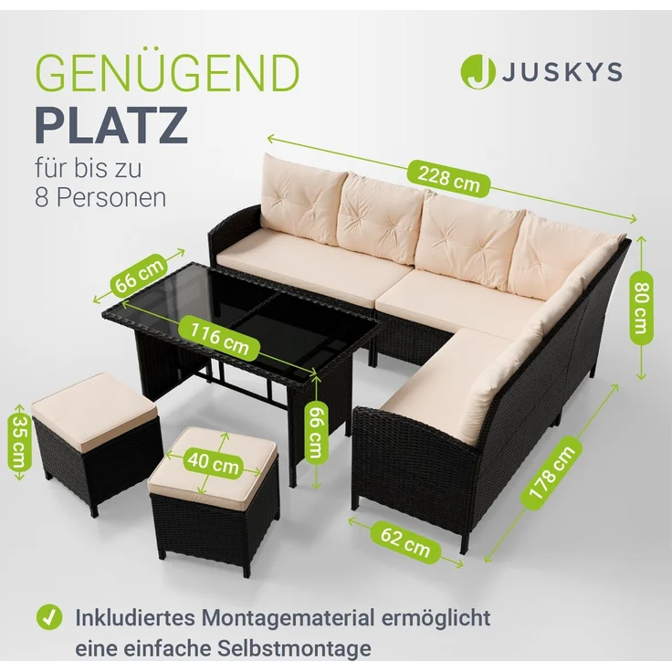 Juskys Polyrattan Lounge Manacor schwarz – Gartenlounge mit Sofa, Tisch, 2 Hocker & Kissen, inkl. Abdeckung – Gartenmöbel Set bis 8 Personen – Sitzbezüge in Creme – Bild 4