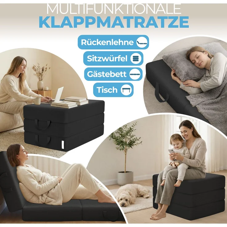 Klappmatratze 90x200 cm, 75x195 cm, Bestschlaf, 15 cm hoch, waschbar, versch. Größen & Farben, geeignet für Hausstauballergiker – Bild 3