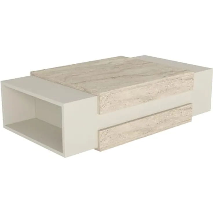 moebel17 Couchtisch Nora, Beige, Holzwerkstoff, Granitoptik, Rechteckig, 110x57x31 cm, mit 2 Regalfächern für zusätzlichen Stauraum
