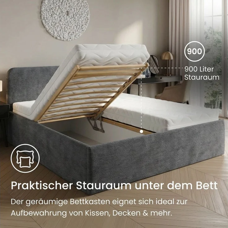 Home Collective Polsterbett Bett mit Stauraum, verstellbarem Lattenrost, viele Größen (Größen: 100x200 120x200 140x200 160x200 180x200 200x200, hochwertiger Kordstoff, made in Germany), wählbare Matratze Federkern oder Kaltschaum, Anthrazit – Bild 3