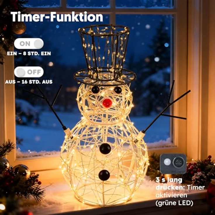 LEDYA Schneemann Weihnachtsbeleuchtung, 400 LEDs Warmweiß, 31 cm LED Schneemann Lichterkette mit Timer, Netzbetrieben, Innen- & Außenbereich, Weihnachtsdeko Schneemann für Haus, Garten, Hof, Party – Bild 5