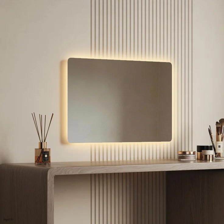 EMKE LED Badspiegel mit Beleuchtung Kaltweiß/Warmweiß Beschlagfrei 60x40cm Knopfschalter Wandspiegel – Bild 3