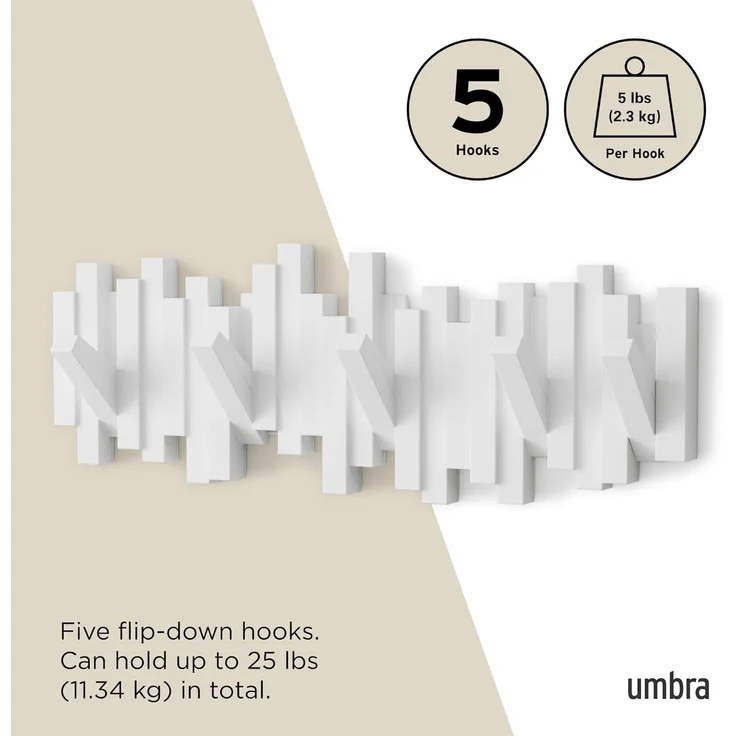 Umbra Stäbchen Garderobenhaken – Moderne und Platzsparende Garderobenleiste mit 5 Beweglichen Haken für Jacken, Mäntel, Schals, Handtaschen und Mehr, Weiss – Bild 5