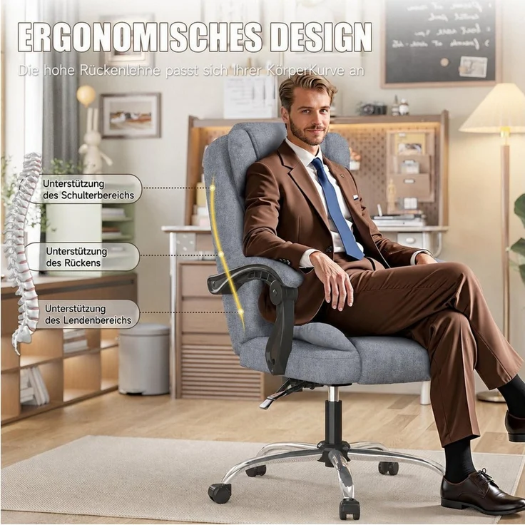 ZAISZE Chefsessel Bürostuhl, Ergonomischer Bürostuhl, Stoff Schreibtischstuhl (Hohe Rückenlehne Ergonomische Liege mit Kippfunktion 360° Drehbarer Schreibtischstuhl, Gaming Stuhl mit dickem Kissen), Chefsessel Drehstuhl, Höhenverstellbar für Zuhause un... – Bild 2