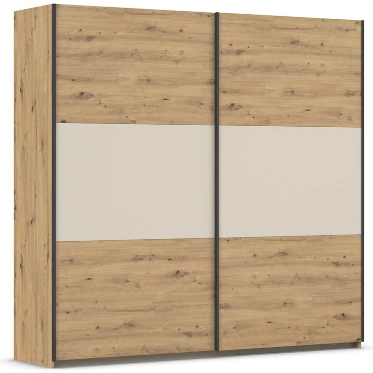 Rauch Möbel Neo, Schwebetürenschrank, Kleiderschrank, Kleiderschränke, Garderobe, Schrank mit Stauraum, 2-türig, Farbe Eiche Artisan/Champagner, 218 x 210 x 59 cm – Bild 1