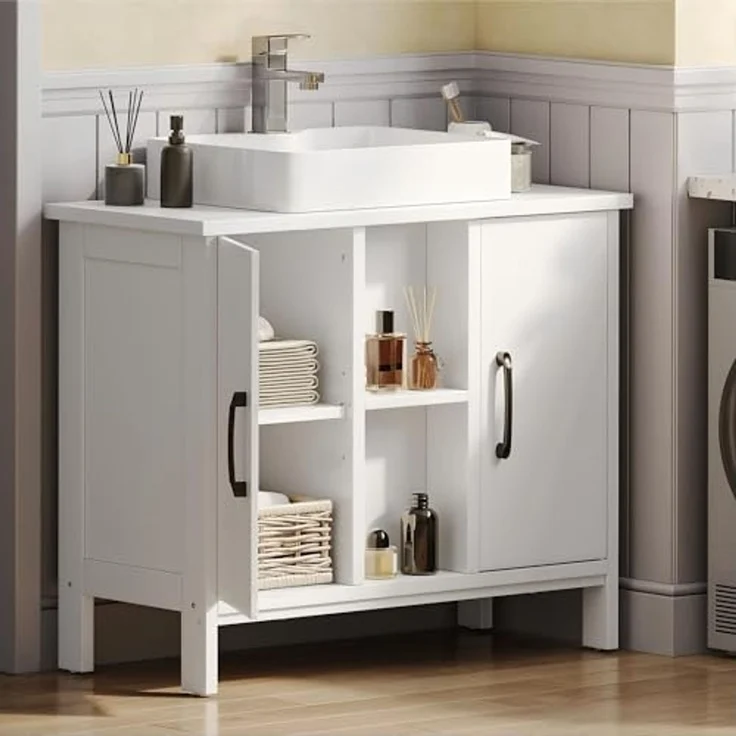 YITAHOME waschbeckenunterschrank mit Zwei geschlossene Schrankelemente, Bad unterschrank 70 cm breit, badezimmerschrank mit offenen Regalen, unterschrank waschbecken, Weiss – Bild 2
