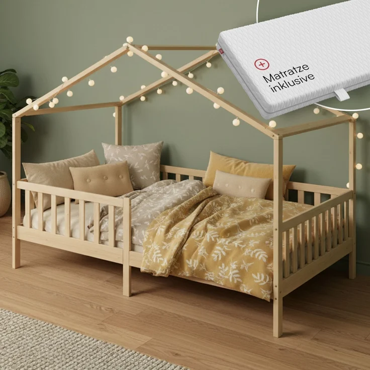 Bellabino 'Bia' Hausbett 120x200 cm mit Matratze, natur, Kiefer Massivholz, Montessori Kinderbett mit Rausfallschutz und Lattenrost – Bild 1