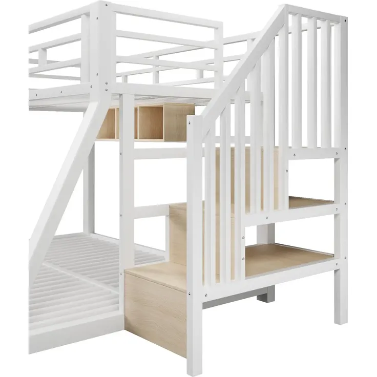 Etagenbett mit 2 Schlafgelegenheiten, Lattenrosten, Regal, Rausfallschutz und LED-Streifen, Treppe mit Regal, 90/140x200 cm, Kinderbett, Metallbett – Bild 9