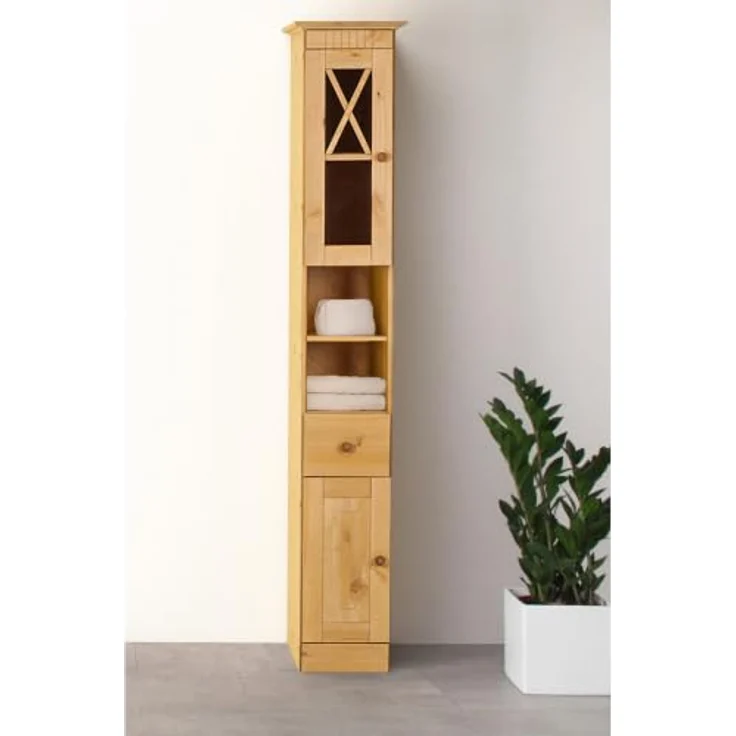 Dorel Home Furnishings Cornelia | Hoher Badezimmerschrank mit 2 Türen und 1 Schublade in Kiefer – Bild 8