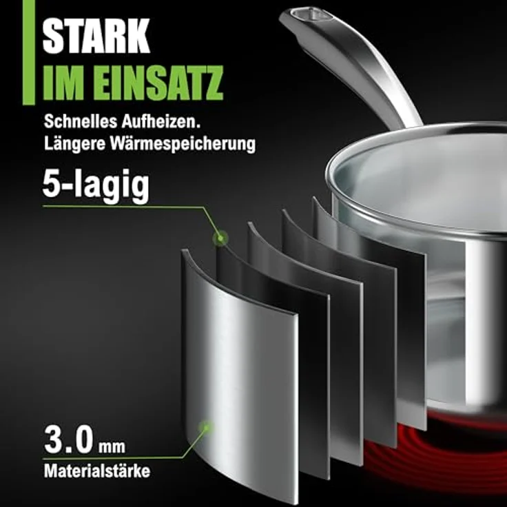 Morleos Kochtopf Ø 20 cm 3 Liter Edelstahl Suppentopf + flachem Glasdeckel, 18/10 Edelstahl (moderner flacher Glasdeckel mit Dampfloch, XSteel), induktionsfähig bis 400 °C – Bild 3