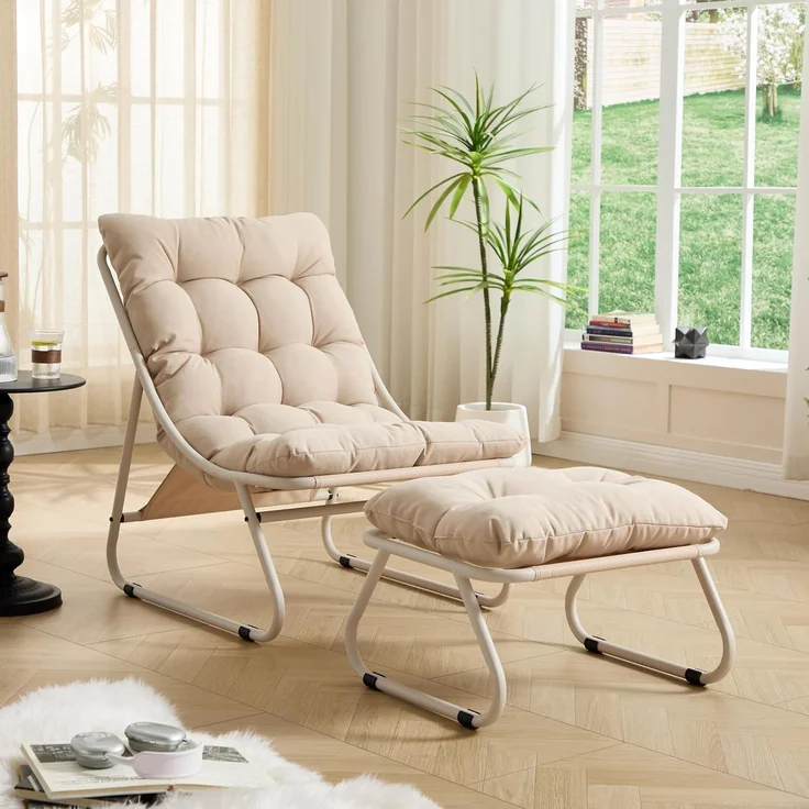 LVHOM Sessel mit Hocker, Gepolsterter Loungesessel aus Cord mit Metallgestell, ergonomischer Relaxsessel für Wohnzimmer und Schlafzimmer, Beige – Bild 1