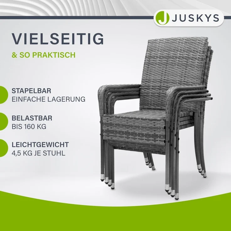 Juskys Polyrattan Gartenstühle Yoro 4er Set - mit Armlehnen & Rückenlehne - 4 Stühle stapelbar - Rattan Stuhl Garten - Stapelstuhl Schwarz – Bild 7