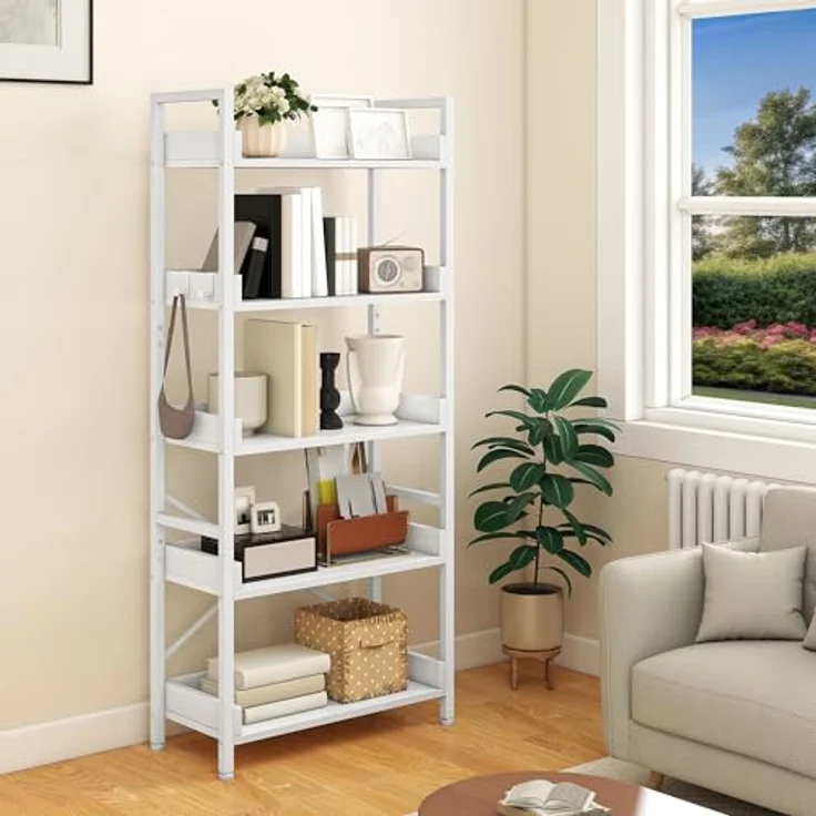 YITAHOME Offenes Bücherregal mit 5 Ebenen, schmal und hoch aus Metall mit 4 Haken, industrielles Lagerregal für Wohnzimmer, Home Office, Reinweiß – Bild 2