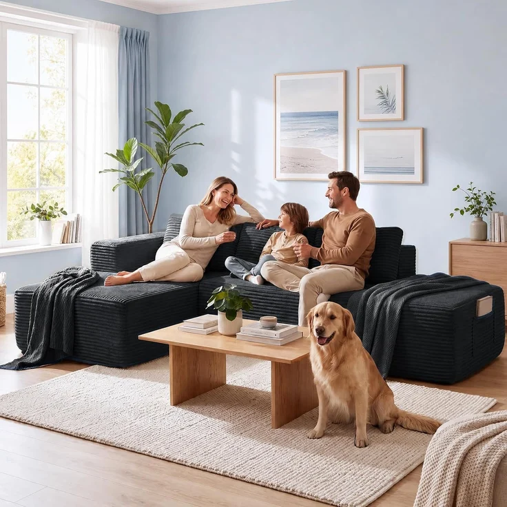 COMHOMA Ecksofa mit Schlaffunktion, 255cm Corduroy Modulares Boneless Couch mit Chaiselongue & Rücken-Metallgestell, L-Form Schlafsofa mit offenem Design, Kissen & Seitentaschen,für Wohnzimmer,Schwarz-R – Bild 2