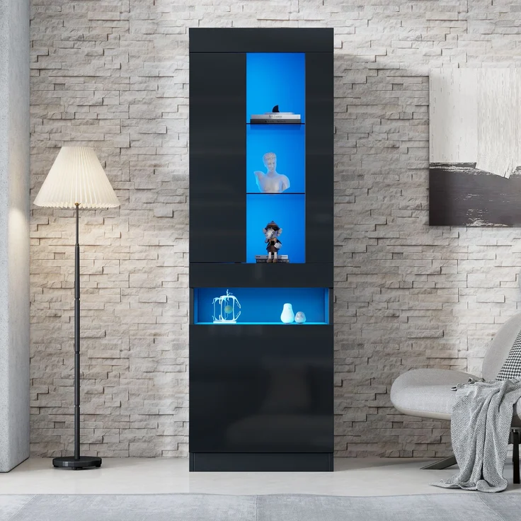 Vitrine mit LED Beleuchtung Vitrinenschrank Standvitrine Stauraumvitrine Schrank Wohnzimmerschran Schwarz LED Vitrine Wohnzimmer Wohnwände LED Vitrinenschränke LED Schränke Buffet-Schran--Schwarz--50x40x180cm--YOUDENOVA – Bild 6