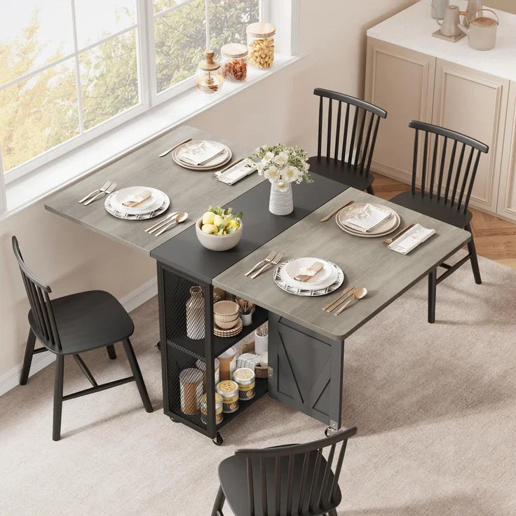 Jocoevol Esstisch Klappbar Küchentisch für 2-4 Personen, Klapptisch mit Trennwand und zweilagigem offenem Regal, Ausziehbar mit Rollen für Küche & Esszimmer, 120 x 60 x 76 cm, Eichenfarbe + Mattschwarz