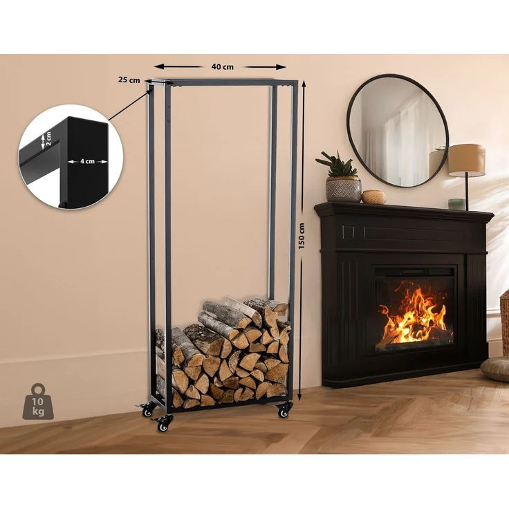 DELUKE® Kaminholzregal innen Metall BETTA - mit Rollen, 25x40x150 Brennholzregal innen Kaminholzständer Kaminholzhalter Feuerholzregal Innen Holz stapeln Wohnzimmer – Bild 7