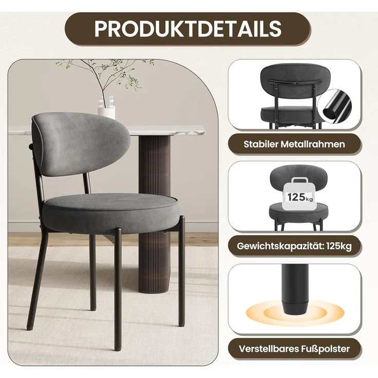 COLAMY Esszimmerstühle 2er Set mit 10 cm Sitzpolster – Moderne Polsterstühle aus kuscheligem Teddy-Stoff, mit robustem Metallgestell – Für Küche & Wohnbereich, Grau – Bild 6