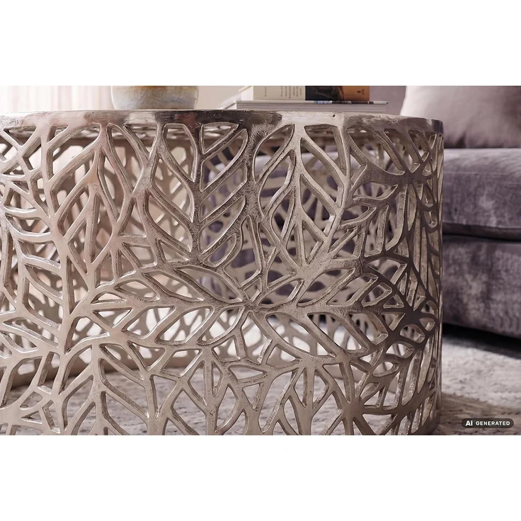 Couchtisch Aluminium Silber 60cm Rund Sofatisch Metall - Wohnzimmertisch Alu modern mit Blattmuster - Design Tisch niedrig - Loungetisch Beistelltisch Handgefertigt – Bild 7