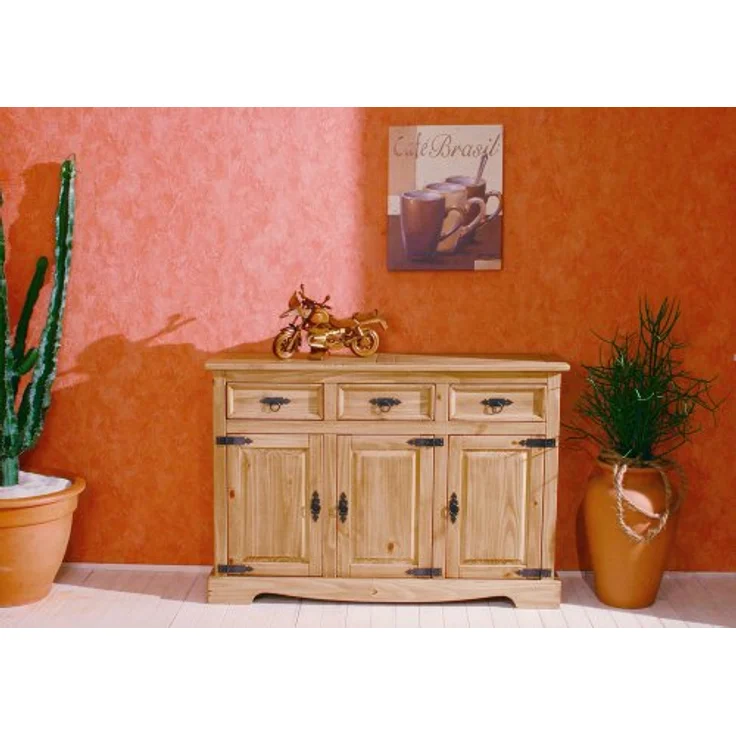 Java Exclusiv 57011 Kommode 3-türig Donez Kiefer massiv antik gewachst T/B/H 35 x 120.5 x 82 cm – Bild 2