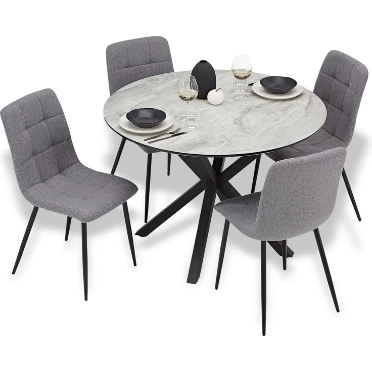 Esstisch mit 4 Stühlen Set Essgruppe Polsterstühle Leinen Grau Esszimmertisch Rund Ø 110 cm Modern Metall Schwarz – Bild 1