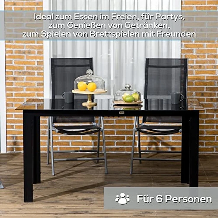 Outsunny Gartentisch Garten Esstisch für 6 Personen, Balkontisch (Partytisch aus Alu, 1-St, Terrassentisch mit Glastischplatte), Schwarz, 150 x 90 x 74 cm – Bild 6