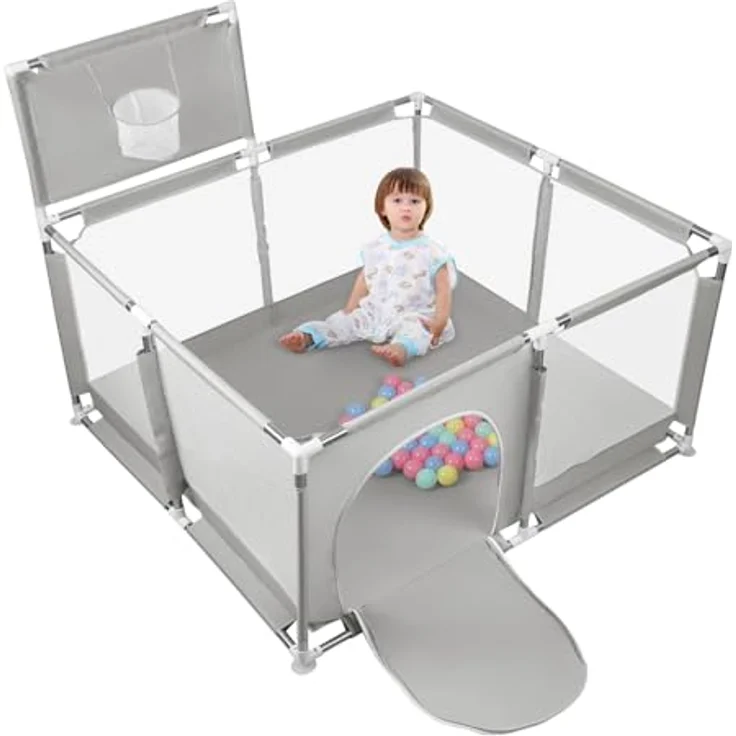 Laufstall aus Oxford-Stoff für kleine Kinder mit Barrieren und 50 Bällen, Basketballgestell, 4 Saugnäpfen, 126 x 126 x 66 cm, hellgrau – Bild 6