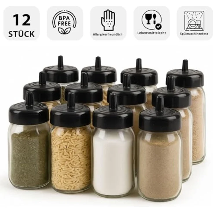 Jungengel Gewürzbehälter Gewürzdosen Set Glas 12-Teilig 330ml Gewürzgläser inkl. 12x Löffel, Glas mit Kunstoff-Deckel & Löffel (BPA-Frei), (12-tlg, 12 Gewürzgläser, jeweils mit einem speziellen Löffel), Transparentes Glas, Spülmaschinenkomform, Lebensm... – Bild 3