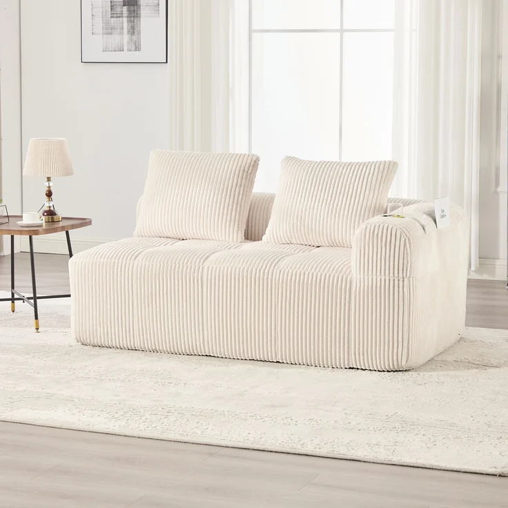 2-Sitzer Sofa, Cord mit Seitenfächern & Becherhaltern, 158x93x61 cm, Beige – Bild 1
