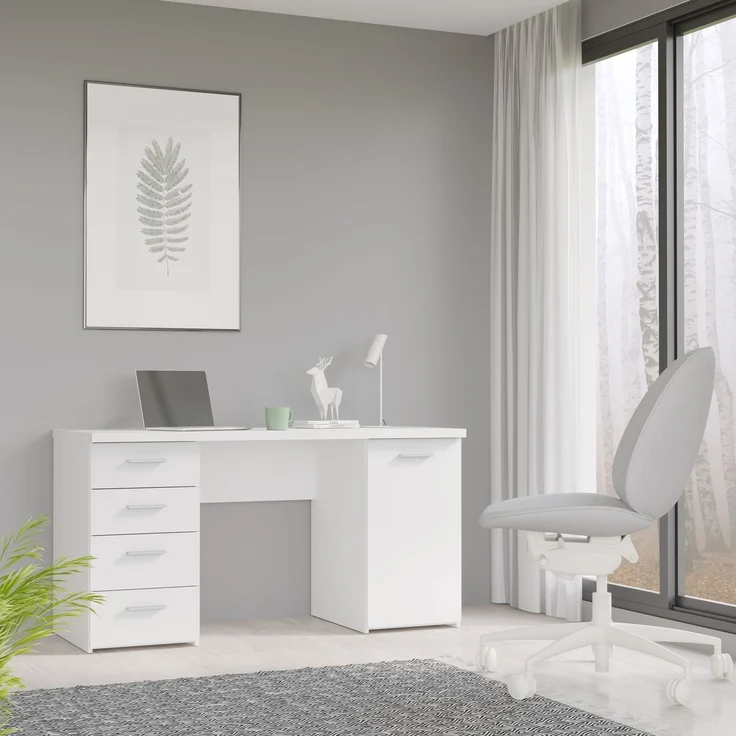 Schreibtisch >NET106< mit 4 Schubladen und Tür, in weiß - 145x76,3x60cm (BxHxT) – Bild 2