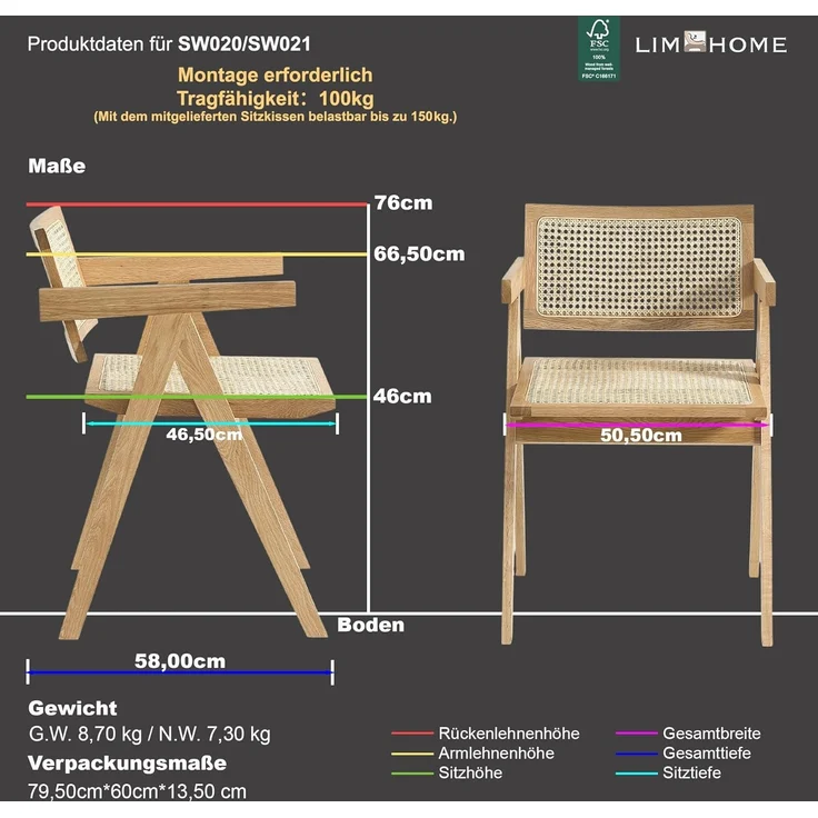 LIM HOME Esszimmerstuhl SW020/SW021 (Packung, 2 St), Eichenholzrahmen mit Sitzfläche aus Rattan, Montage erforderlich – Bild 2
