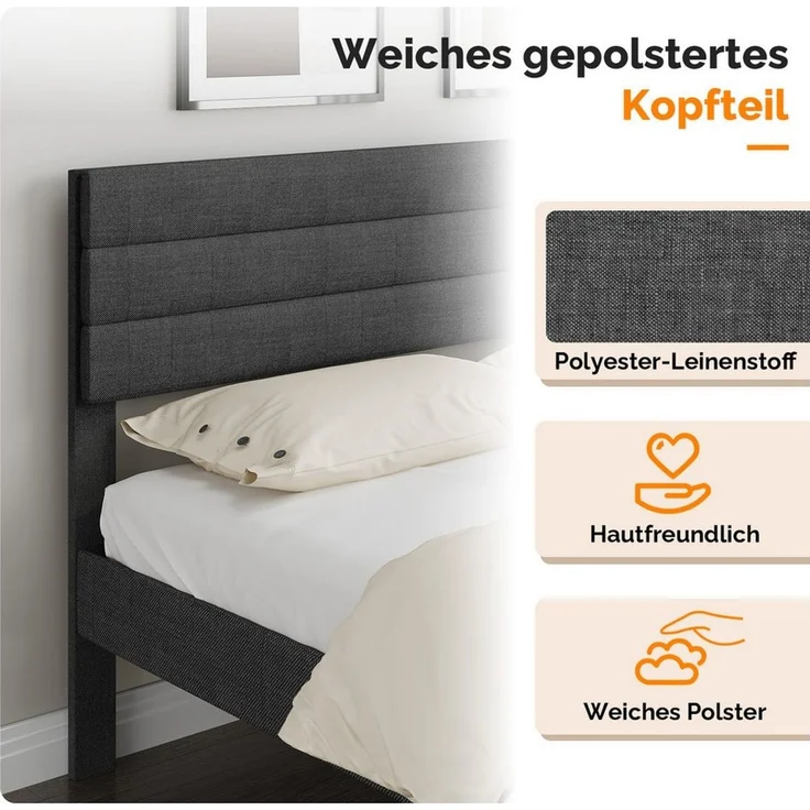 VINGLI Polsterbett mit verstellbarem Kopfteil, 90x200 cm, Leinenoptik – Bild 3