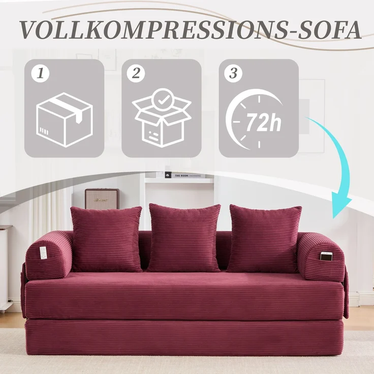 LVHOM Schlafsofa 3 Sitzer, Klappsofa mit Schlaffunktion, Bodensofa, Polstersofa aus CordStoff, Schlafcouch dauerschläfer, frei Kombination, 200x94x67 cm, Weinrot – Bild 8