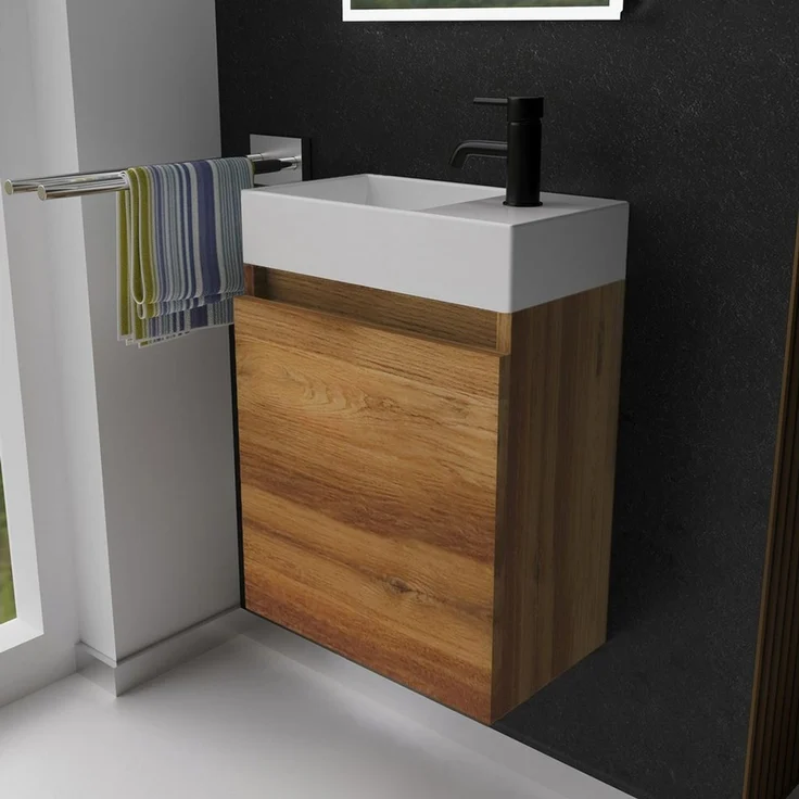 Alpenberger Badmöbel-Set Gäste WC Waschbecken mit Unterschrank - Badschrank Hängend, (Waschbeckenunterschrank mit Softclose, 2-tlg. Waschtisch Set Bamboo), Waschplätze für Kleine Bäder - Badschrank Hängend und Vormontiert – Bild 1