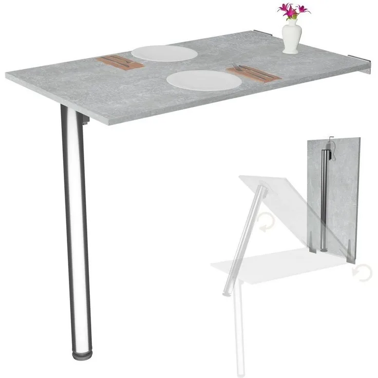 Wandklapptisch mit Tischbein Schreibtisch Tischplatte 80x50 cm in Beton Klapptisch Esstisch Küchentisch für die Wand Stabiler Bartisch Wandtisch Tisch klappbar zur Wandmontage im Büro Küche