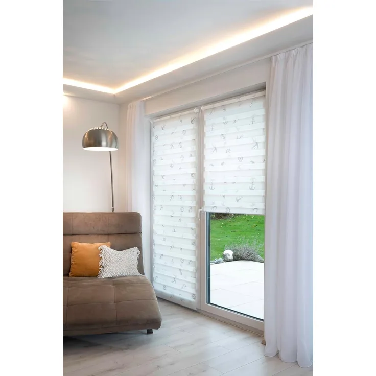 K-home® Klemmfix Doppelrollo Madrid ohne Bohren Motiv Anker B70 x H150 cm