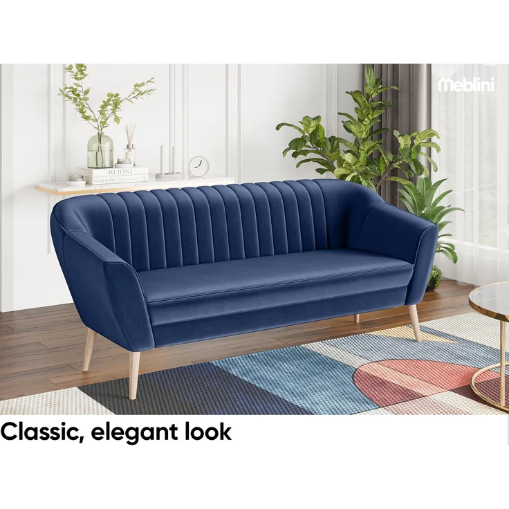 MEBLINI Sofa-Set KAIA 3+1+1 - Blau Samt - für Wohnzimmer - Mini Lounge für fünf Personen - Küchensofa - Sofa Klein - Sitzgarnitur - Polstergarnitur - Sofagarnituren – Bild 3