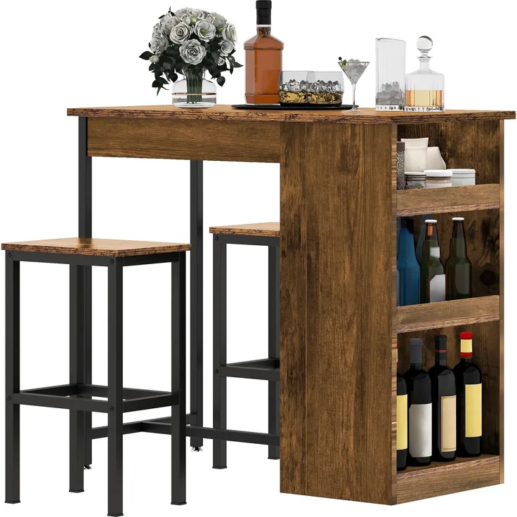 DWVO Frühstücksbar, Bartisch mit 2 Hockern und Ablage, Industrial Style Bartisch Set für Küche, Esszimmer, Kneipe, Rustikales Braun